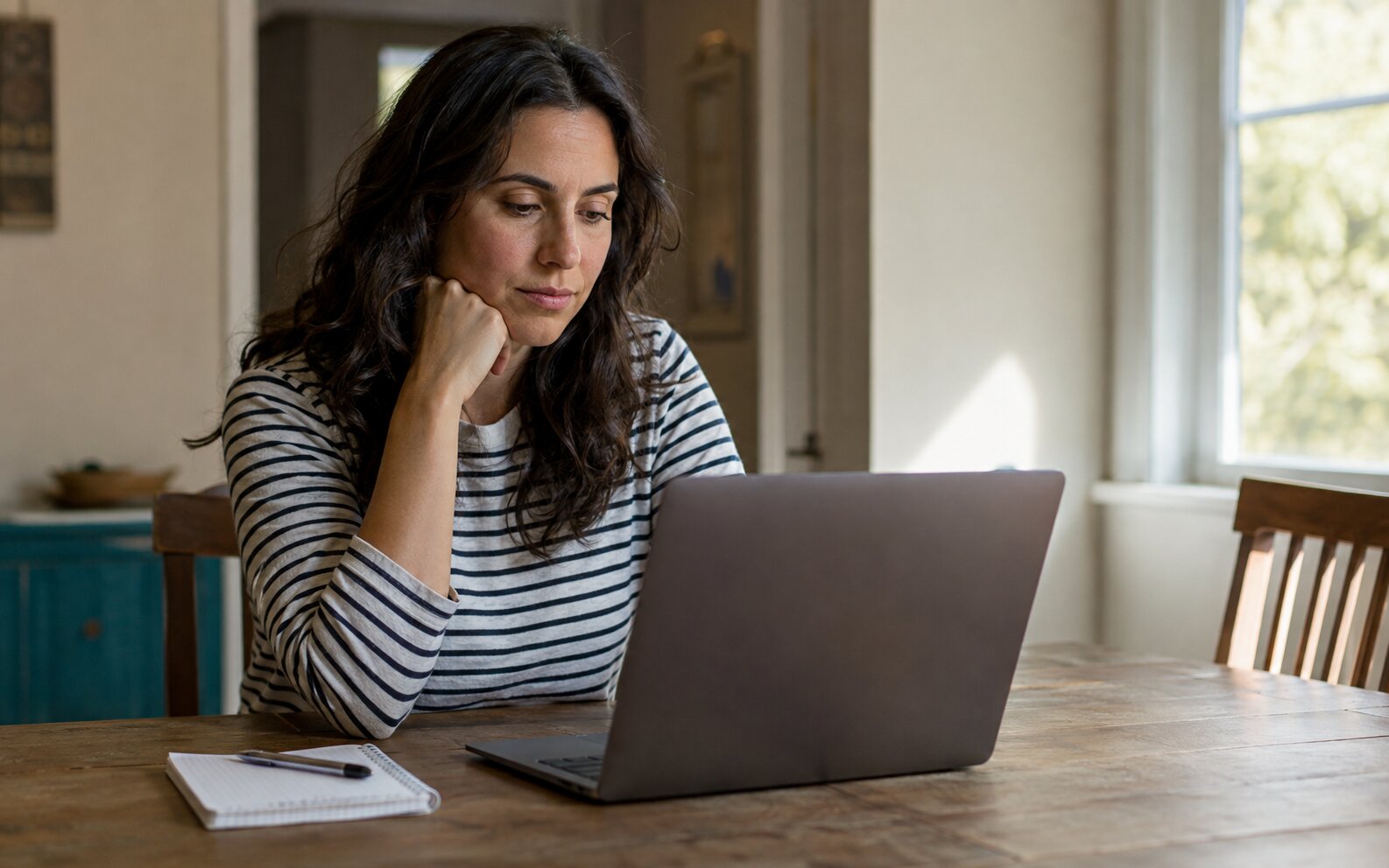 Person reviewing information on a laptop at home